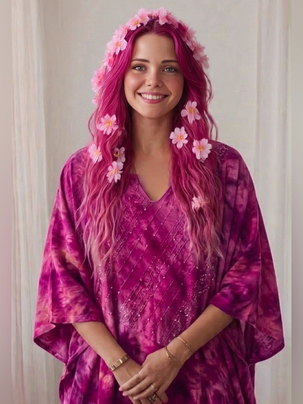 Catherines Pink Fuchsia Tie-Dye Festival Tunic, Sequin Embellished - Picture 1 of 7